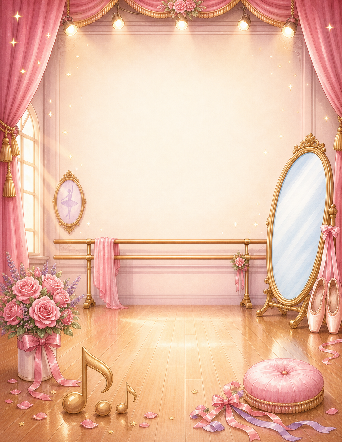 Illustrated Ballet Dreams studio scene with a young dancer at the barre