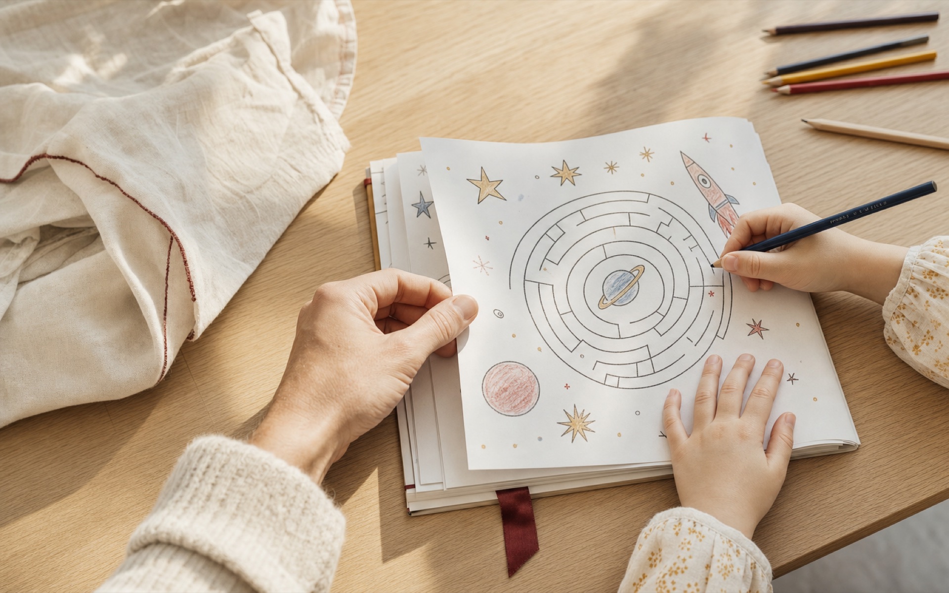 A caregiver and child using a printable space maze together at a sunlit table