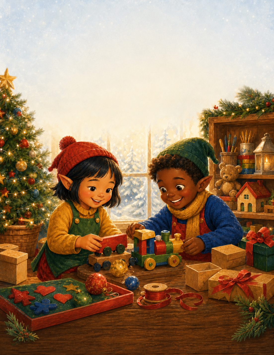 Illustrated Christmas Workshop Helpers cover scene from the activity book