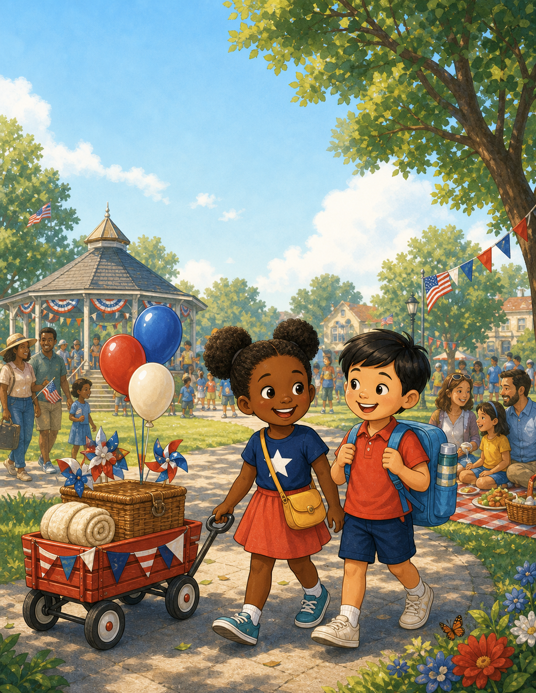 Illustrated Independence Day Parade cover scene from the activity book