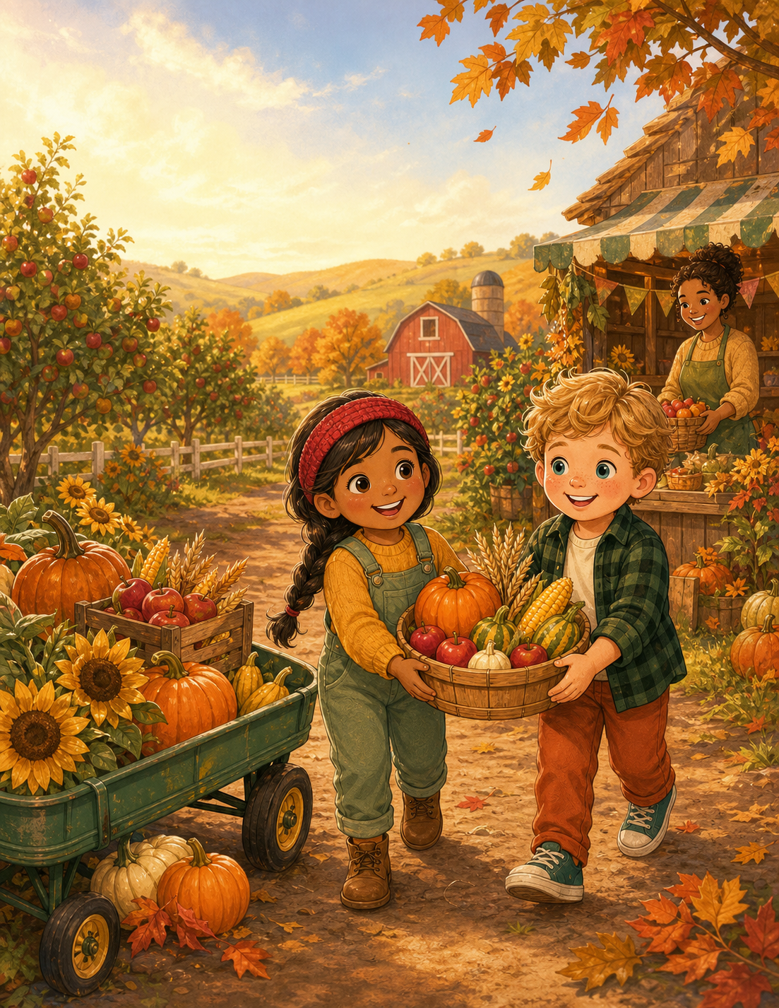 Illustrated Thanksgiving Harvest Helpers cover scene from the activity book