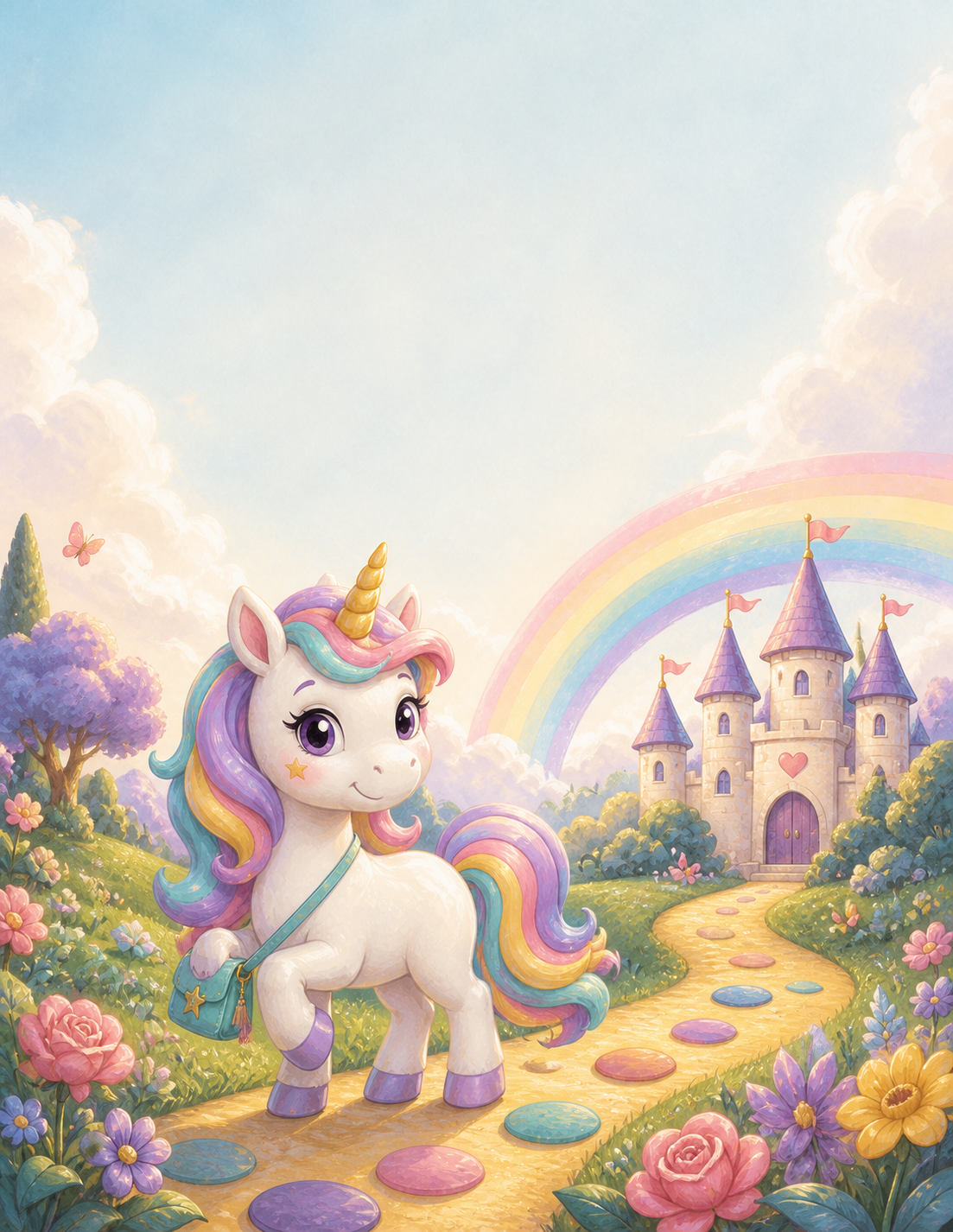 Illustrated Unicorn Rainbow Trail cover scene from the activity book